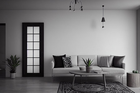 mock up poster frame in boho interior background, wooden living room design, Scandinavian style. Generative AI illustrationの写真素材
