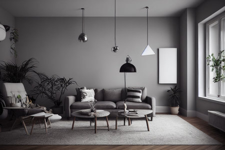 mock up poster frame in boho interior background, wooden living room design, Scandinavian style. Generative AI illustrationの写真素材