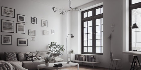 mock up poster frame in boho interior background, wooden living room design, Scandinavian style. Generative AI illustrationの写真素材