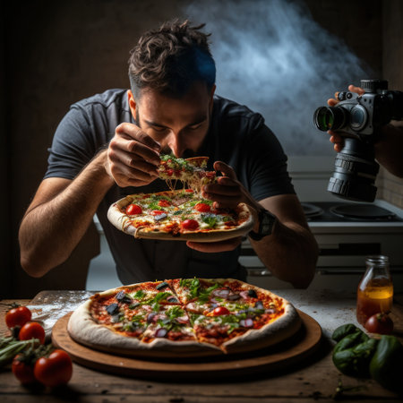 creative food photography blogger taking photo and styling pizza. Generative AI.の素材
