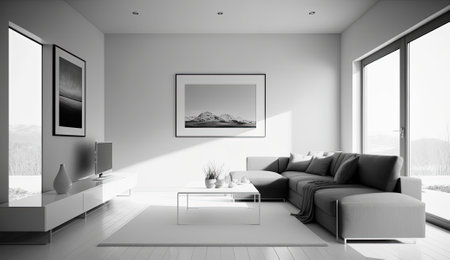 modern minimalistic interior design of light bright monochrome room with black and white furniture, clean white walls and huge windows.Generative AI.の素材