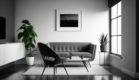 modern minimalistic interior design of light bright monochrome room with black and white furniture, clean white walls and huge windows.Generative AI.の素材
