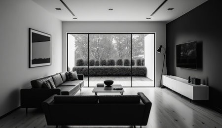 modern minimalistic interior design of light bright monochrome room with black and white furniture, clean white walls and huge windows.Generative AI.の素材