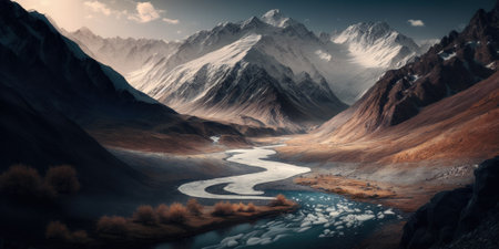 aerial view of glen Etive in winter near glencoe in the argyll region of the highlands of scotland showing snow dusting on the mountains and munros. Generative AI.の素材