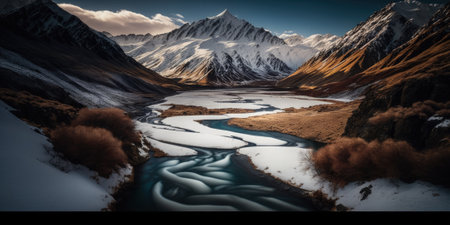 aerial view of glen Etive in winter near glencoe in the argyll region of the highlands of scotland showing snow dusting on the mountains and munros. Generative AI.の素材