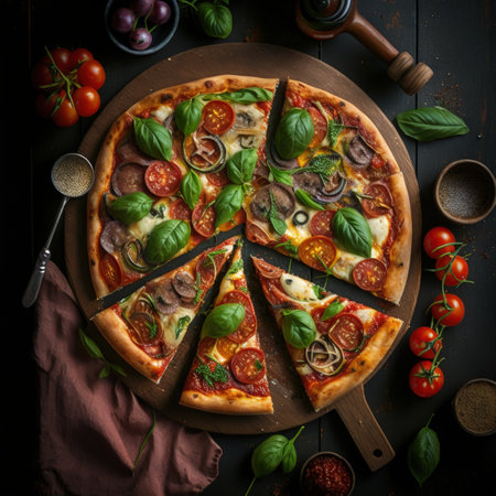 Fresh baking homemade pizza ham, cheese, tomatoes, basil on baking paper over wooden table background. Home baking or delivered fast food. Flat lay, space. Generative AI.の素材