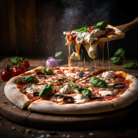 Fresh baking homemade pizza ham, cheese, tomatoes, basil on baking paper over wooden table background. Home baking or delivered fast food. Flat lay, space. Generative AI.の素材