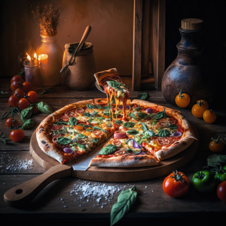 Fresh baking homemade pizza ham, cheese, tomatoes, basil on baking paper over wooden table background. Home baking or delivered fast food. Flat lay, space. Generative AI.の素材
