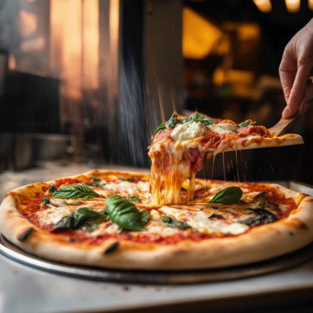 Fresh baking homemade pizza ham, cheese, tomatoes, basil on baking paper over wooden table background. Home baking or delivered fast food. Flat lay, space. Generative AI.の素材