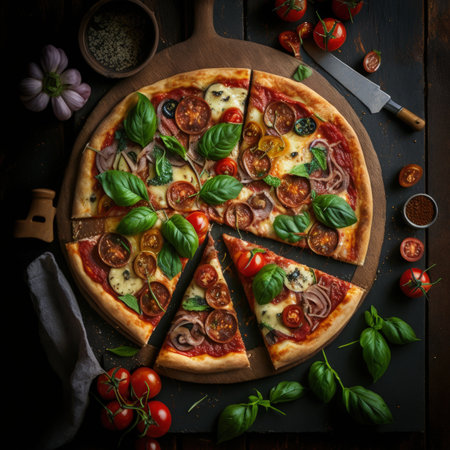 Fresh baking homemade pizza ham, cheese, tomatoes, basil on baking paper over wooden table background. Home baking or delivered fast food. Flat lay, space. Generative AI.の素材