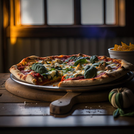 Fresh baking homemade pizza ham, cheese, tomatoes, basil on baking paper over wooden table background. Home baking or delivered fast food. Flat lay, space. Generative AI.の素材