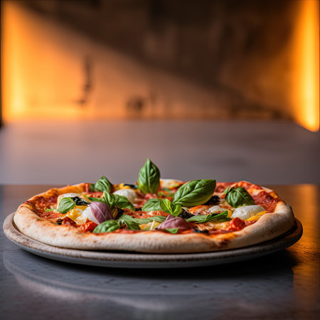 Fresh baking homemade pizza ham, cheese, tomatoes, basil on baking paper over wooden table background. Home baking or delivered fast food. Flat lay, space. Generative AI.の素材