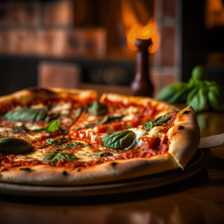 Fresh baking homemade pizza ham, cheese, tomatoes, basil on baking paper over wooden table background. Home baking or delivered fast food. Flat lay, space. Generative AI.の素材