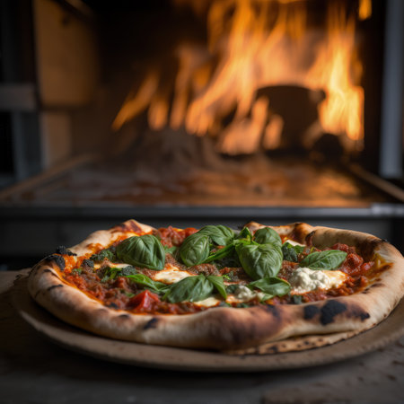 Fresh baking homemade pizza ham, cheese, tomatoes, basil on baking paper over wooden table background. Home baking or delivered fast food. Flat lay, space. Generative AI.の素材