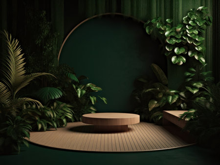 Cosmetics product advertising stand. Exhibition wooden podium on green background with leaves and shadows. Empty pedestal to display product packaging. Mockup. Generative AI.の素材