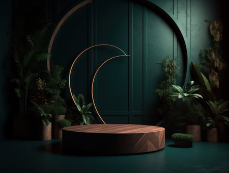 Cosmetics product advertising stand. Exhibition wooden podium on green background with leaves and shadows. Empty pedestal to display product packaging. Mockup. Generative AI.の素材