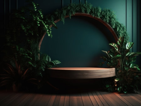 Cosmetics product advertising stand. Exhibition wooden podium on green background with leaves and shadows. Empty pedestal to display product packaging. Mockup. Generative AI.の素材