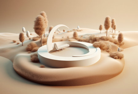 Podium on sand background. Display with sunshade and shadow on the background for cosmetic perfume fashion natural product. Generative AI.の素材