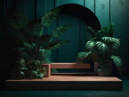 Cosmetics product advertising stand. Exhibition wooden podium on green background with leaves and shadows. Empty pedestal to display product packaging. Mockup. Generative AI.の素材