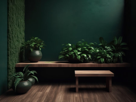Cosmetics product advertising stand. Exhibition wooden podium on green background with leaves and shadows. Empty pedestal to display product packaging. Mockup. Generative AI.の素材