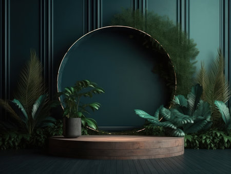 Cosmetics product advertising stand. Exhibition wooden podium on green background with leaves and shadows. Empty pedestal to display product packaging. Mockup. Generative AI.の素材