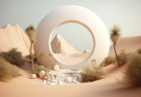 Podium on sand background. Display with sunshade and shadow on the background for cosmetic perfume fashion natural product. Generative AI.の素材