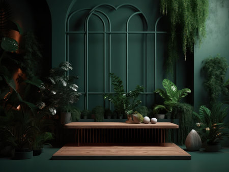 Cosmetics product advertising stand. Exhibition wooden podium on green background with leaves and shadows. Empty pedestal to display product packaging. Mockup. Generative AI.の素材