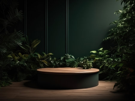 Cosmetics product advertising stand. Exhibition wooden podium on green background with leaves and shadows. Empty pedestal to display product packaging. Mockup. Generative AI.の素材