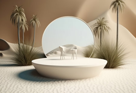 Podium on sand background. Display with sunshade and shadow on the background for cosmetic perfume fashion natural product. Generative AI.の素材
