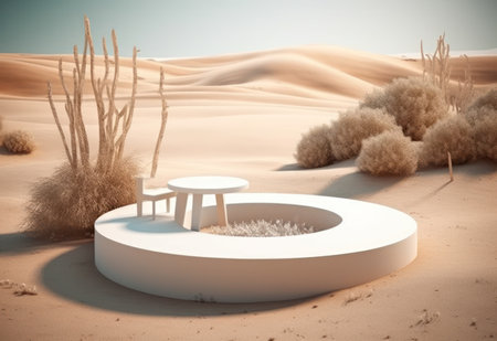 Podium on sand background. Display with sunshade and shadow on the background for cosmetic perfume fashion natural product. Generative AI.の素材