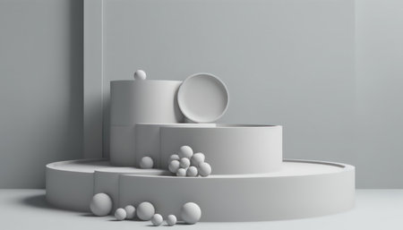 Elegant abstract set of white podiums in sunlight with shadow on white background for product display. Simple modern geometric design. Generative AI.の素材