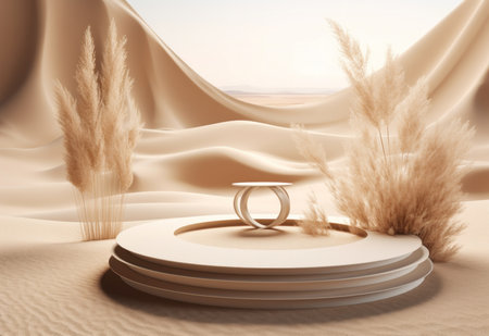 Podium on sand background. Display with sunshade and shadow on the background for cosmetic perfume fashion natural product. Generative AI.の素材