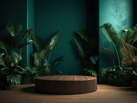 Cosmetics product advertising stand. Exhibition wooden podium on green background with leaves and shadows. Empty pedestal to display product packaging. Mockup. Generative AI.の素材