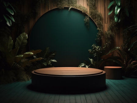 Cosmetics product advertising stand. Exhibition wooden podium on green background with leaves and shadows. Empty pedestal to display product packaging. Mockup. Generative AI.の素材