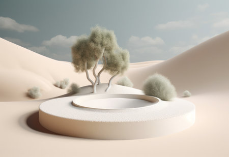 Podium on sand background. Display with sunshade and shadow on the background for cosmetic perfume fashion natural product. Generative AI.の素材