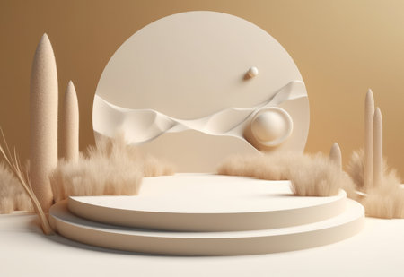 Podium on sand background. Display with sunshade and shadow on the background for cosmetic perfume fashion natural product. Generative AI.の素材