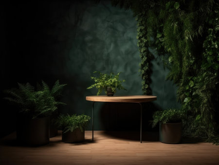 Cosmetics product advertising stand. Exhibition wooden podium on green background with leaves and shadows. Empty pedestal to display product packaging. Mockup. Generative AI.の素材