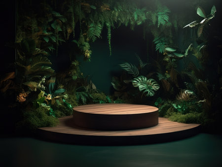 Cosmetics product advertising stand. Exhibition wooden podium on green background with leaves and shadows. Empty pedestal to display product packaging. Mockup. Generative AI.の素材