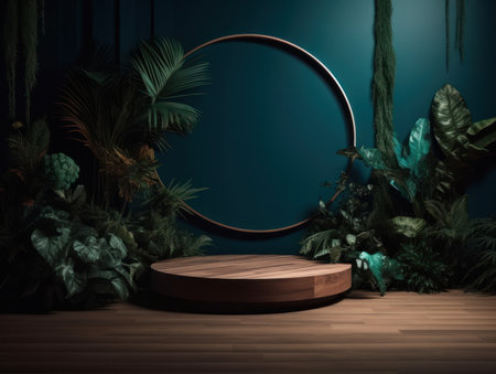 Cosmetics product advertising stand. Exhibition wooden podium on green background with leaves and shadows. Empty pedestal to display product packaging. Mockup. Generative AI.の素材