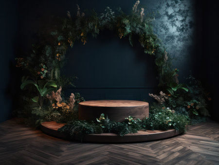 Cosmetics product advertising stand. Exhibition wooden podium on green background with leaves and shadows. Empty pedestal to display product packaging. Mockup. Generative AI.の素材