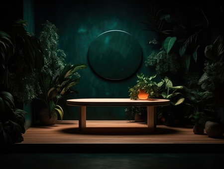 Cosmetics product advertising stand. Exhibition wooden podium on green background with leaves and shadows. Empty pedestal to display product packaging. Mockup. Generative AI.の素材