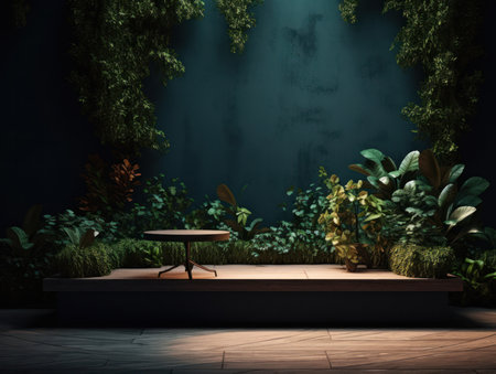 Cosmetics product advertising stand. Exhibition wooden podium on green background with leaves and shadows. Empty pedestal to display product packaging. Mockup. Generative AI.の素材