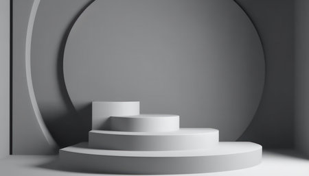 Elegant abstract set of white podiums in sunlight with shadow on white background for product display. Simple modern geometric design. Generative AI.の素材