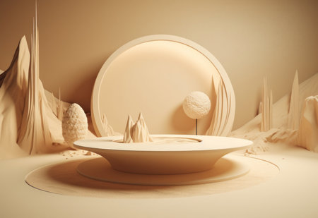 Podium on sand background. Display with sunshade and shadow on the background for cosmetic perfume fashion natural product. Generative AI.の素材