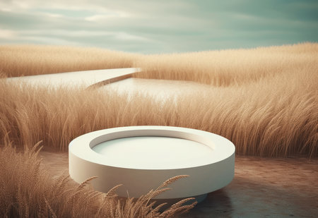 Podium on sand background. Display with sunshade and shadow on the background for cosmetic perfume fashion natural product. Generative AI.の素材