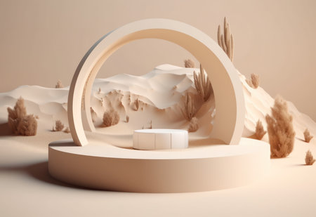 Podium on sand background. Display with sunshade and shadow on the background for cosmetic perfume fashion natural product. Generative AI.の素材