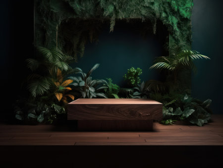 Cosmetics product advertising stand. Exhibition wooden podium on green background with leaves and shadows. Empty pedestal to display product packaging. Mockup. Generative AI.の素材