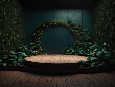 Cosmetics product advertising stand. Exhibition wooden podium on green background with leaves and shadows. Empty pedestal to display product packaging. Mockup. Generative AI.の素材