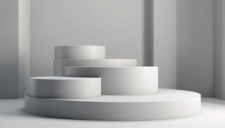 Elegant abstract set of white podiums in sunlight with shadow on white background for product display. Simple modern geometric design. Generative AI.の素材