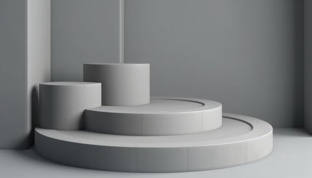 Elegant abstract set of white podiums in sunlight with shadow on white background for product display. Simple modern geometric design. Generative AI.の素材
